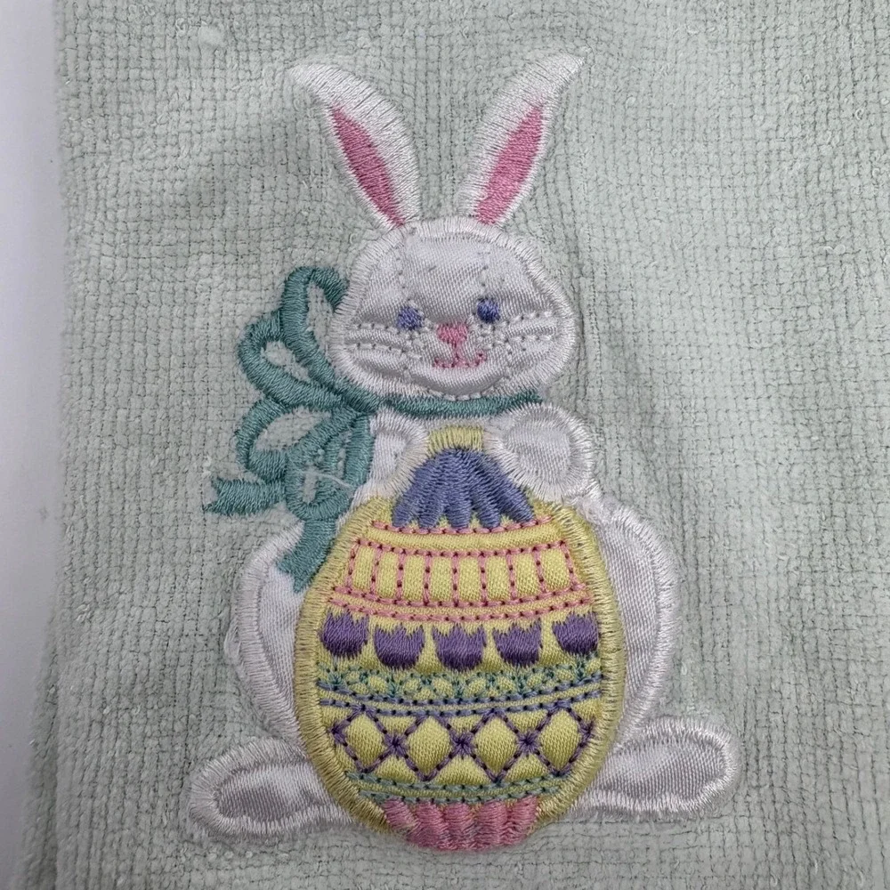 Vtg Easter Bunny Embroidered‎ Hand Towel Light Mint Green Fringed Spring Decor